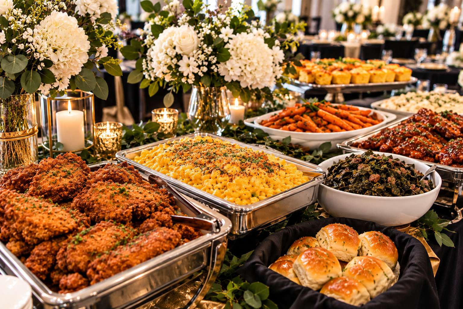 Candlelit catering buffet with fried chicken, baked macaroni and cheese, collard greens, glazed carrots, dinner rolls and white hydrangeas